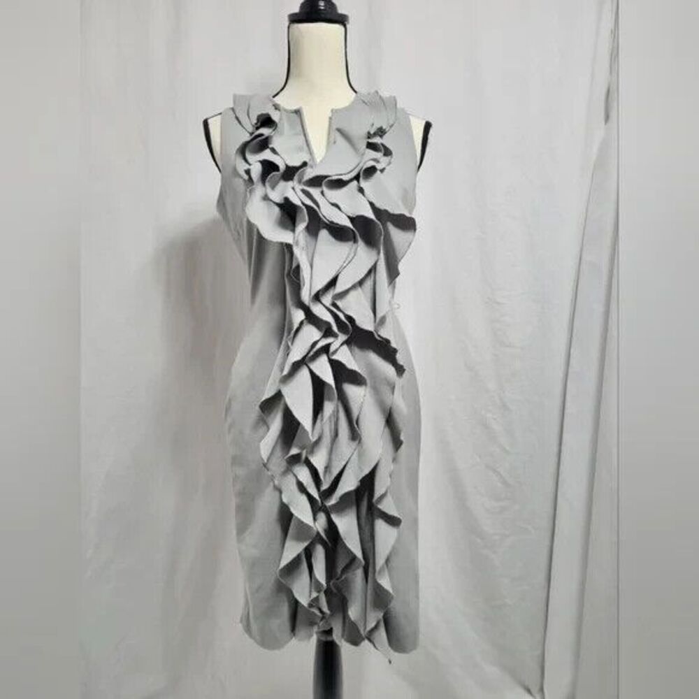 Calvin Klein grey sleeveless ruffle front zip up back fully lined dress, sz 4